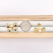 Load image into Gallery viewer, Cute CZ Pave Bowtie Studs with Pearl in 18K Gold plated Copper 4 PAIRS