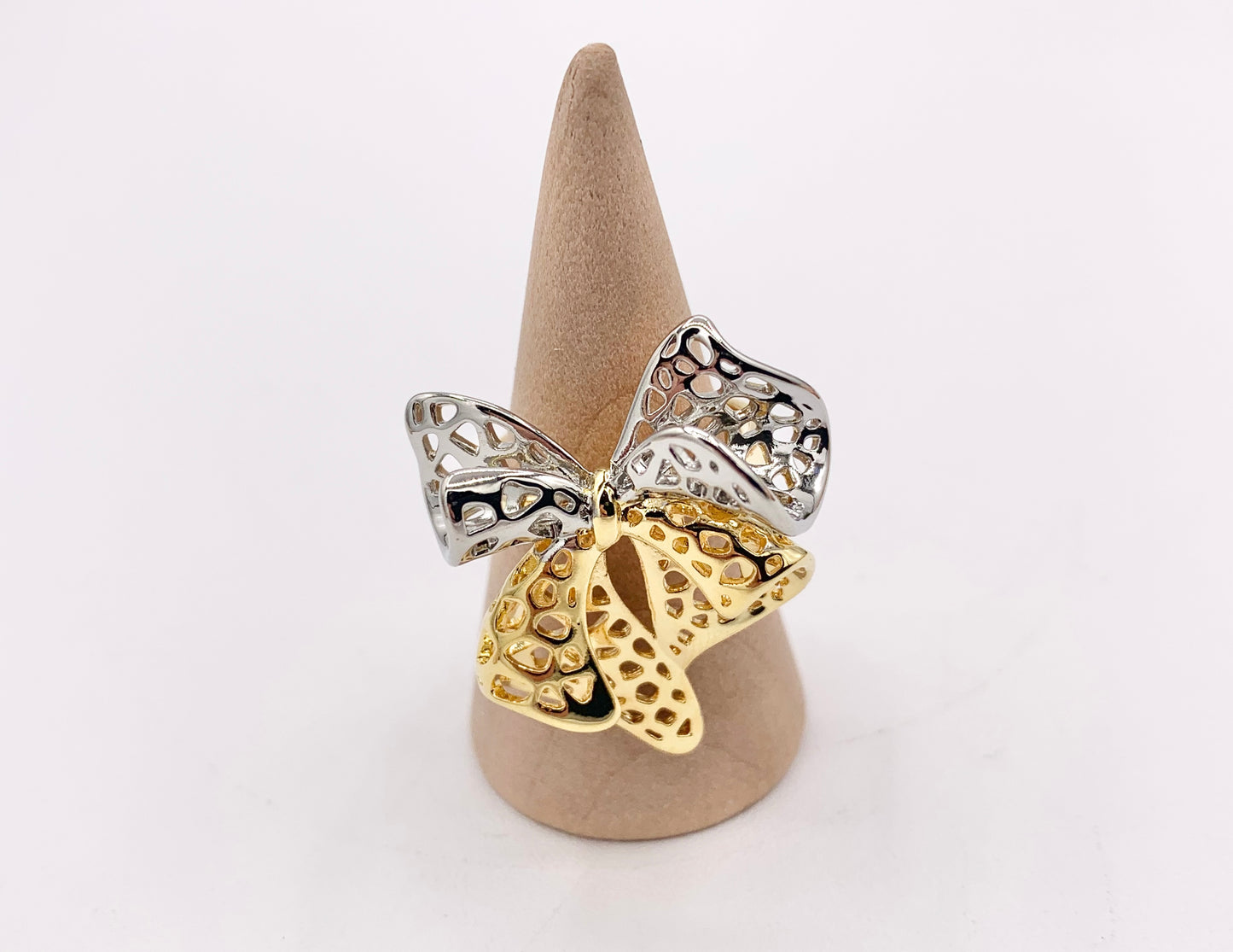 Beautiful 2 Tone Filigree Large 3D Bow Tie Adjustable Ring in Real Gold/Silver 18K Plated 4 PCS