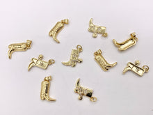 Load image into Gallery viewer, Western Cowboy Boots Texas Ranch One Sided Pendant Charms in CZ Pave 18K Gold Plated Copper 10 PCS