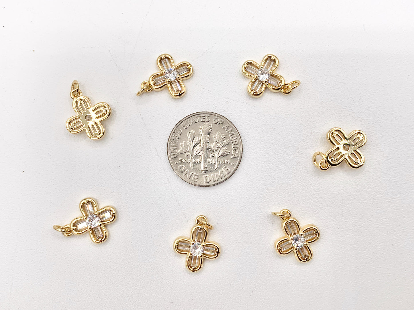 Dainty Mini Flower Quatrefoil Clover Pave Charms in Real Gold 18K Plated Micro CZ Over Brass 10 PCS