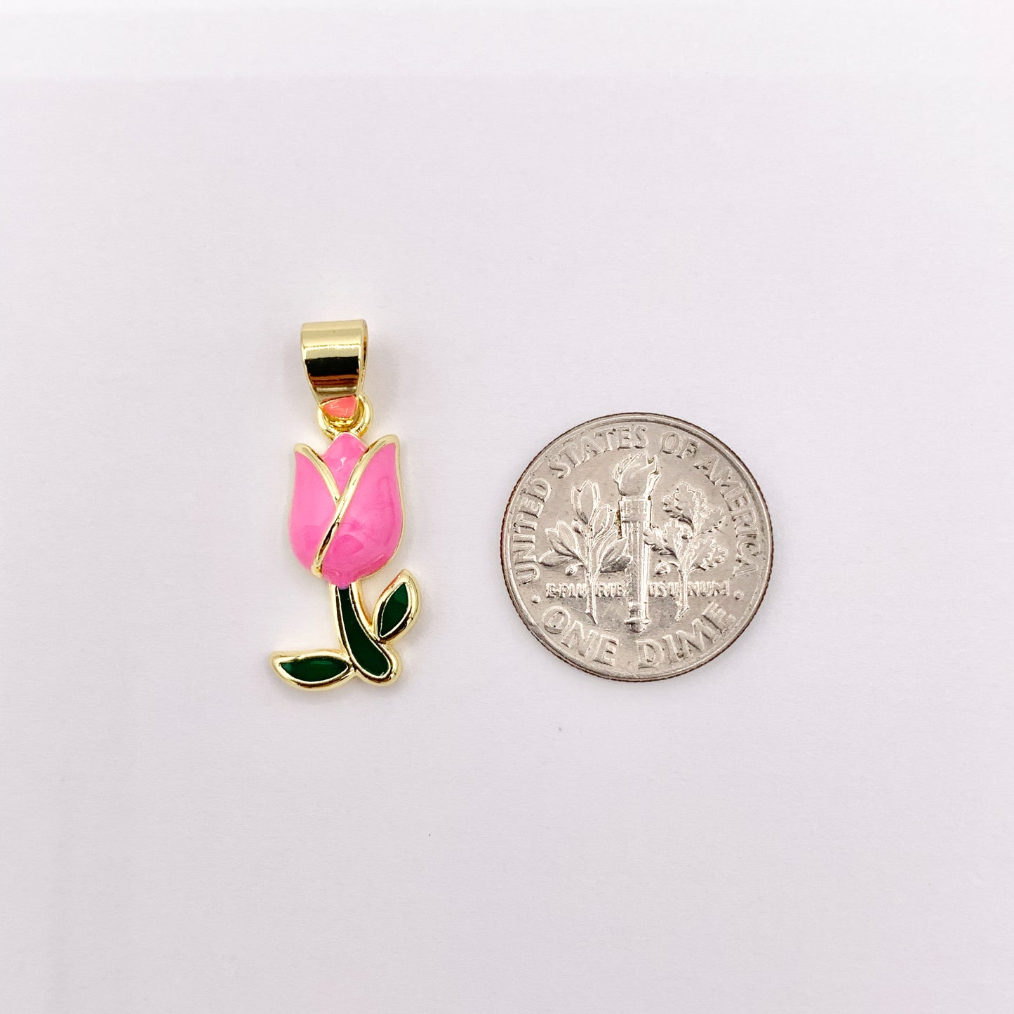 Pink Enamel Rose Flower Pendant With Bail in Real Gold 18K Plated Over Copper 10 PCS