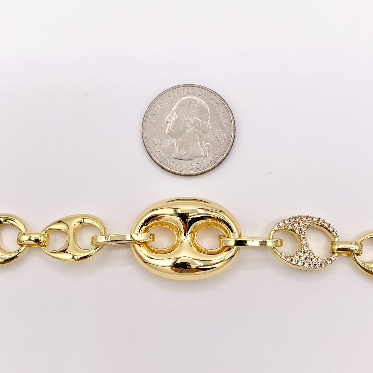 7.5" 18K Gold Plated Coffee Bean/ Puffy Mariner Link Rhinestone Chain Bracelet with 2" Extender 2PCS