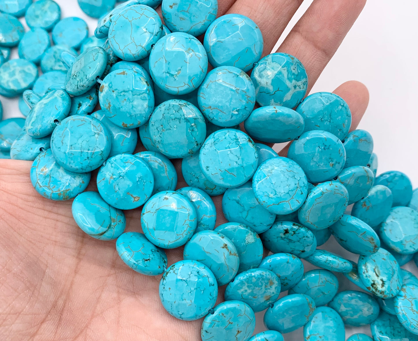 8mm & 15mm Natural Magnesite Dyed Turquoise Blue Color Faceted Coin Beads 1 Strand Around 15"