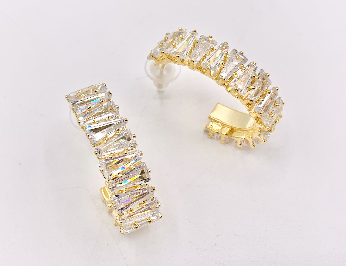 Trendsetting Unique Curve Link CZ Pave Baguette Hoop Earrings in 18K Gold Plated Copper 2 PAIRS