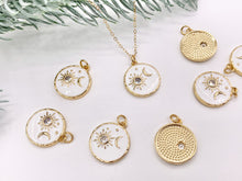 Cargar imagen en el visor de la galería, White Enamel Coin CZ Sunburst and Moon Crescent Charms in Real Gold 18K Plated CZ Pave Over Brass 8 PCS