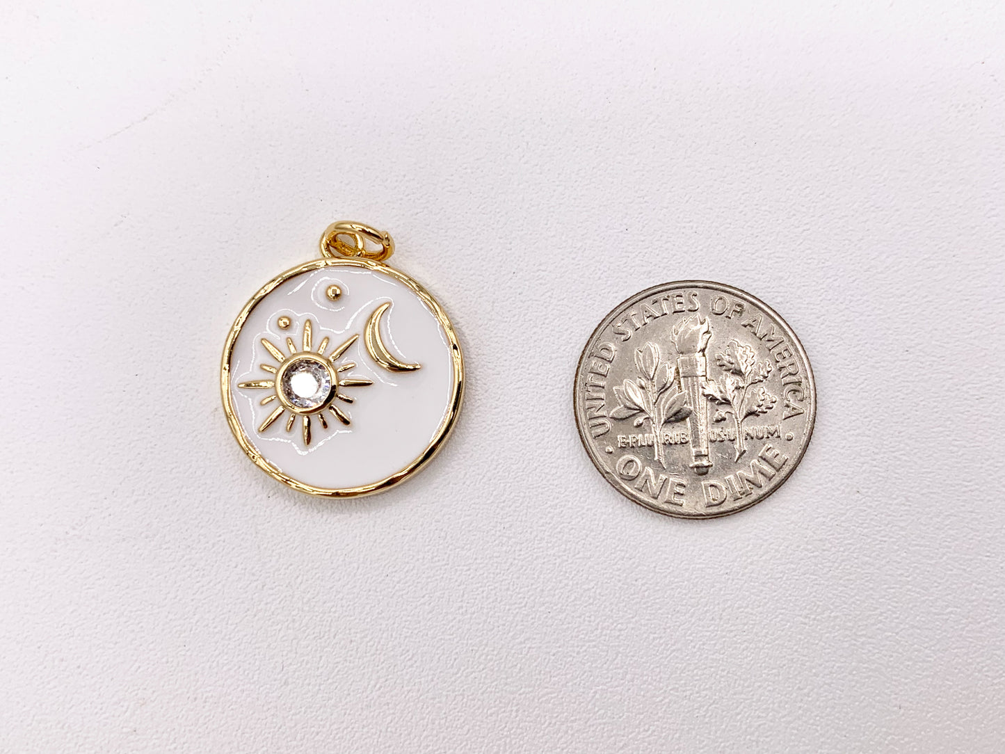 White Enamel Coin CZ Sunburst and Moon Crescent Charms in Real Gold 18K Plated CZ Pave Over Brass 8 PCS