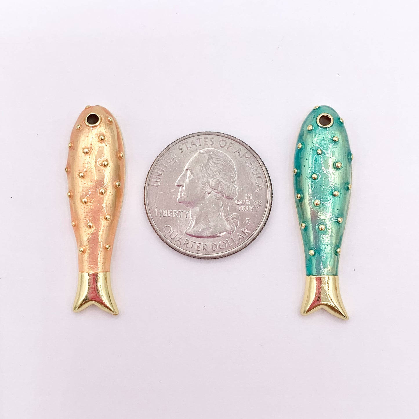 One Sided Fish Charms in 18K Gold Plated Copper with Peach/Green Color Plating 6 PCS