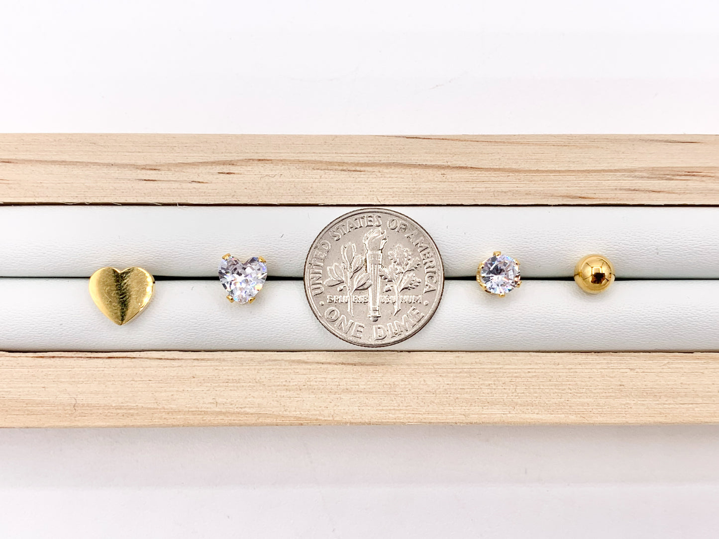 Stainless Steel Heart Round Solitaire Earring Studs in 18K Gold/Silver plated Stainless Steel 5 pairs