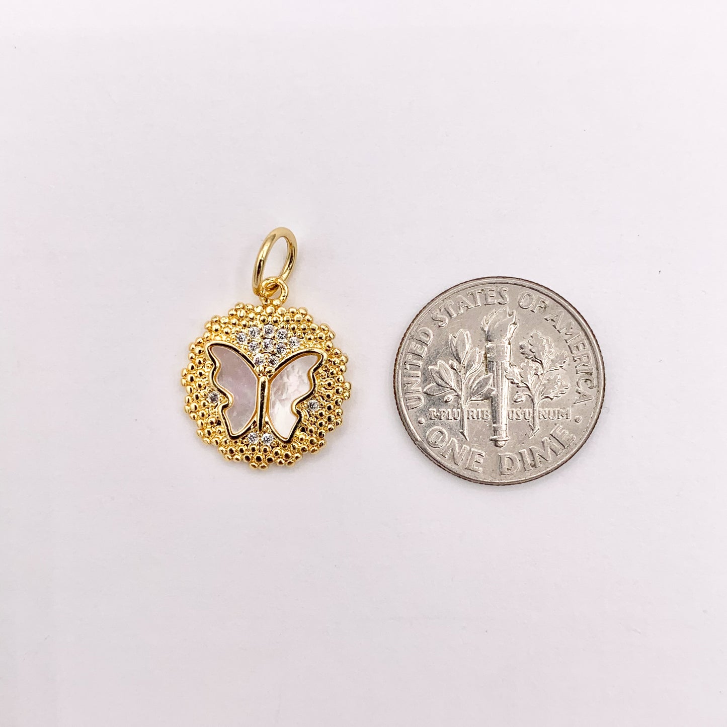 15mm Cute Shell Coin Butterfly Charm in Real Gold Plated 18K Micro CZ Pave Over Copper