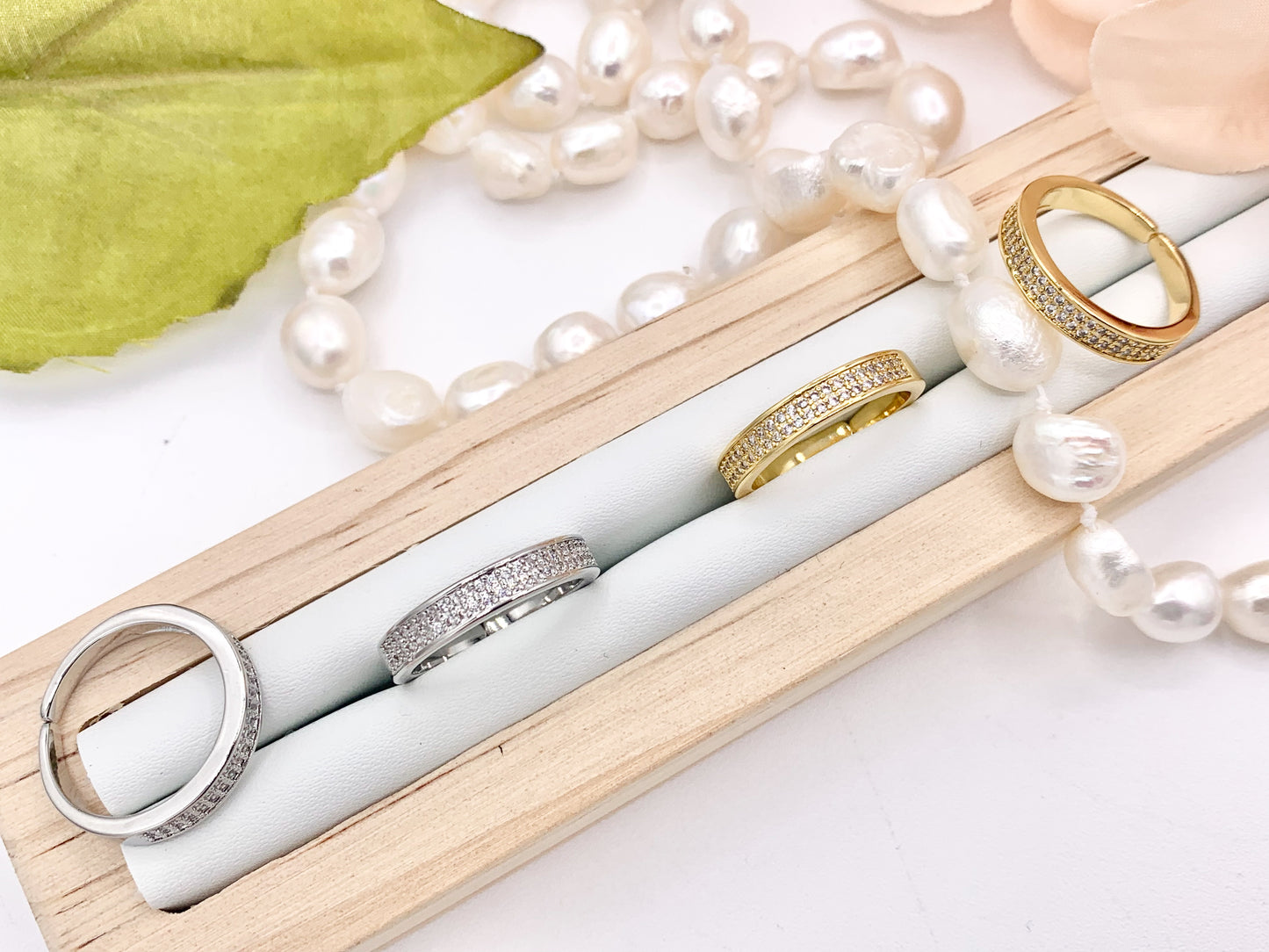 Simple Ring Band in Cubic Zirconia Rhinestone Adjustable Rings Bands in 18K Gold or Silver Plated Copper 6 pcs