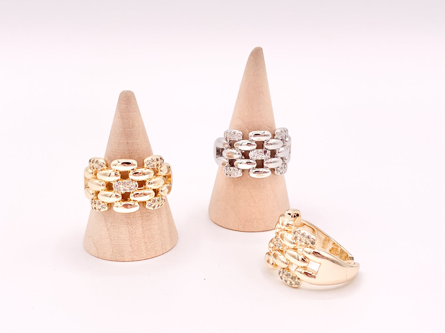 18K Gold or Platinum Plated CZ Pave Linked Braided Adjustable Ring 4pcs