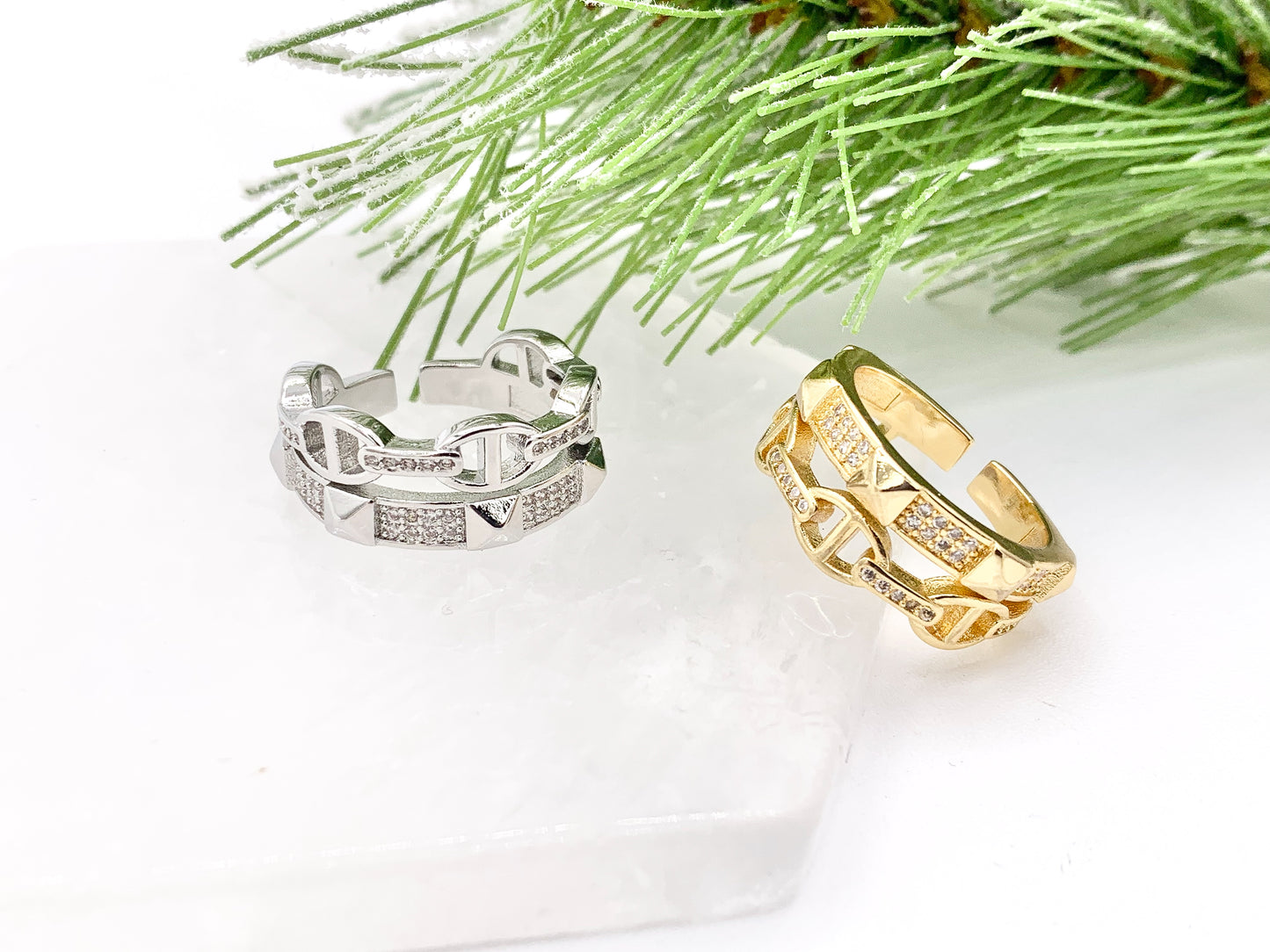 18K Gold and Platinum Plated Double Banded CZ Pave Spike Coffee Bean Mariner Adjustable Ring 4 pcs