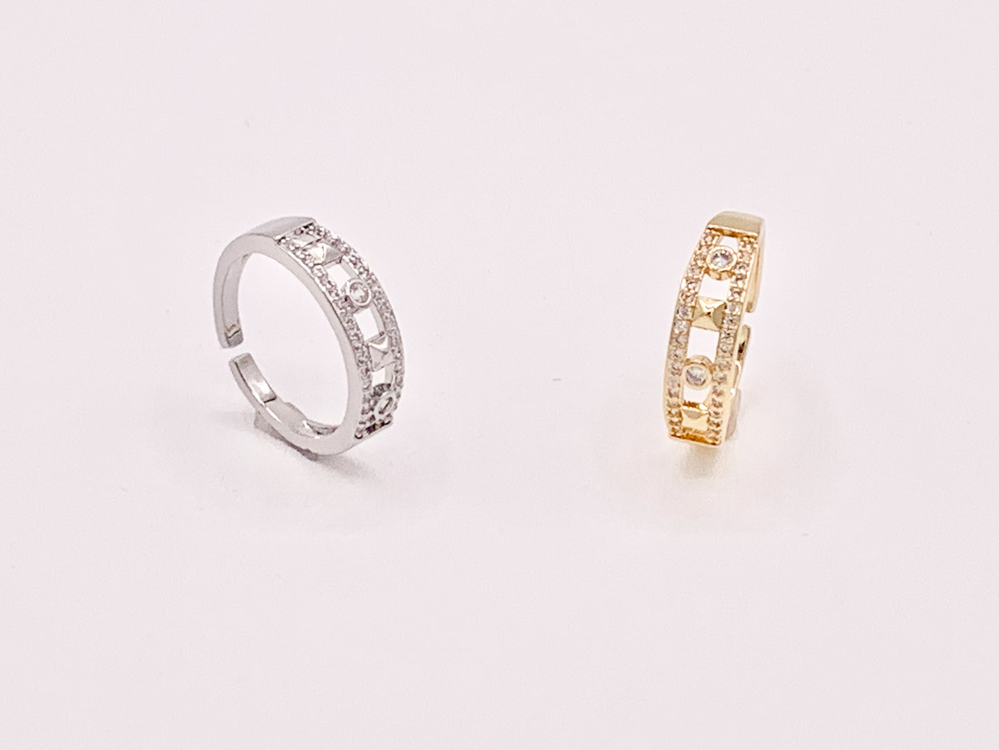 Cute Double Band CZ Pave Rhinestone Geometric Rings in 18K Gold or Silver Plated Copper 4 pcs