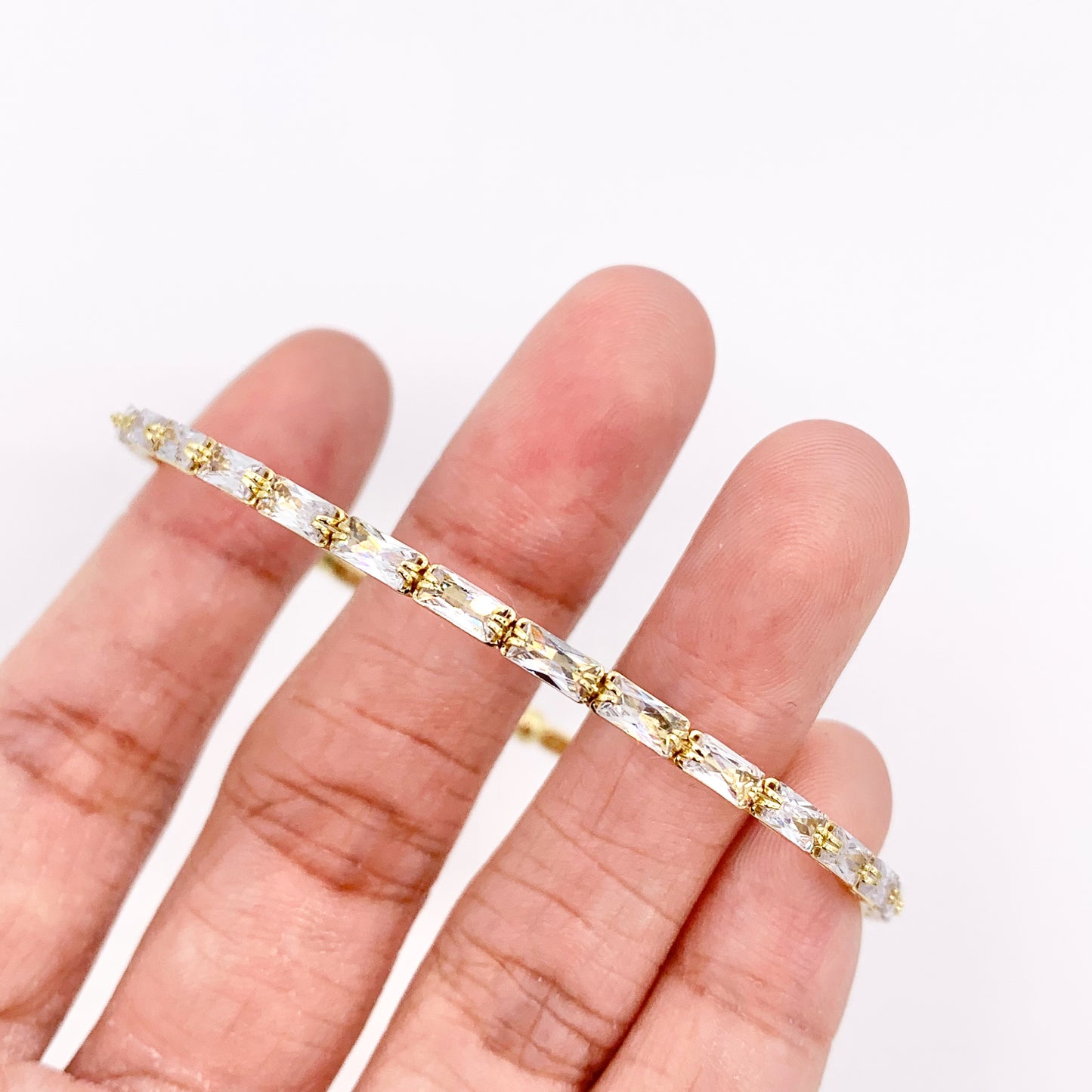Gold flexible bangle Easy slip-on fit CZ Baguette Pave Rhinestone Bracelet in Real Gold 18K Plated Copper 4 pcs