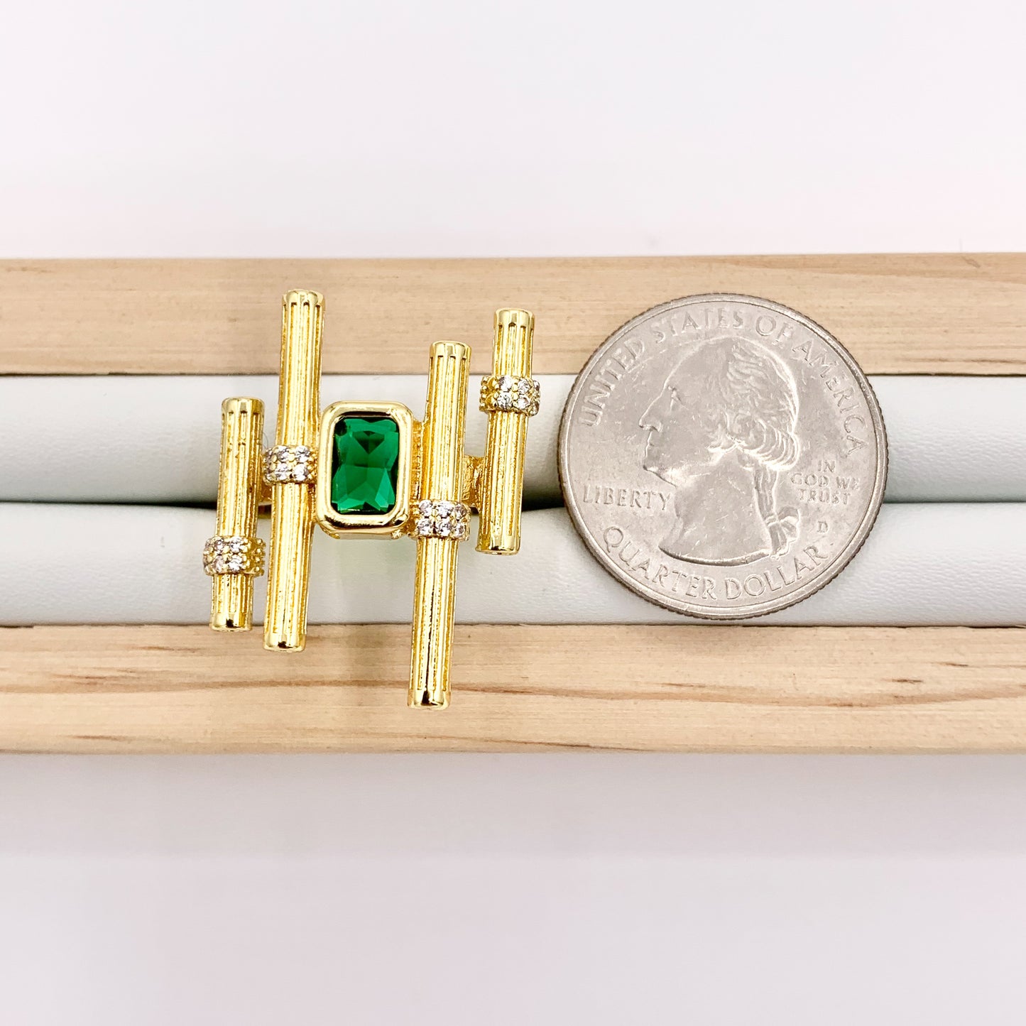 Statement Cocktail Architectural Geometric Art-Deco Inspired Ring in Green CZ Pave Adjustable Rings in 18K Gold Plated Copper 4 pcs