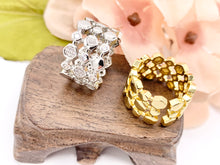 Cargar imagen en el visor de la galería, 18K Gold and Platinum Plated Triple Banded CZ Pave Honeycomb Hexagon Adjustable Ring 4 pcs