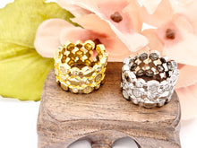 Cargar imagen en el visor de la galería, 18K Gold and Platinum Plated Triple Banded CZ Pave Honeycomb Hexagon Adjustable Ring 4 pcs