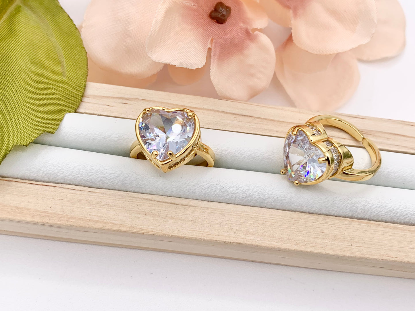 Large Heart Cut Rhinestone Rings in Real 18K Gold Plated CZ Pave Adjustable From Size 6 - 7.5 Statement Ring 3pc