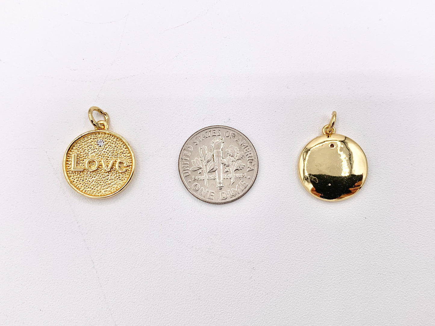 LOVE Coin Circle Charms with CZ Pave in 18K Gold plated Copper 6 pcs