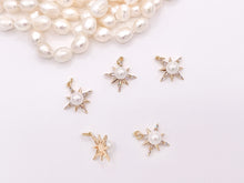 Load image into Gallery viewer, Mother Of Pearl CZ Pave Rhinestone Starburst Star Burst Pendant in 18K Gold plated Copper 6 pcs