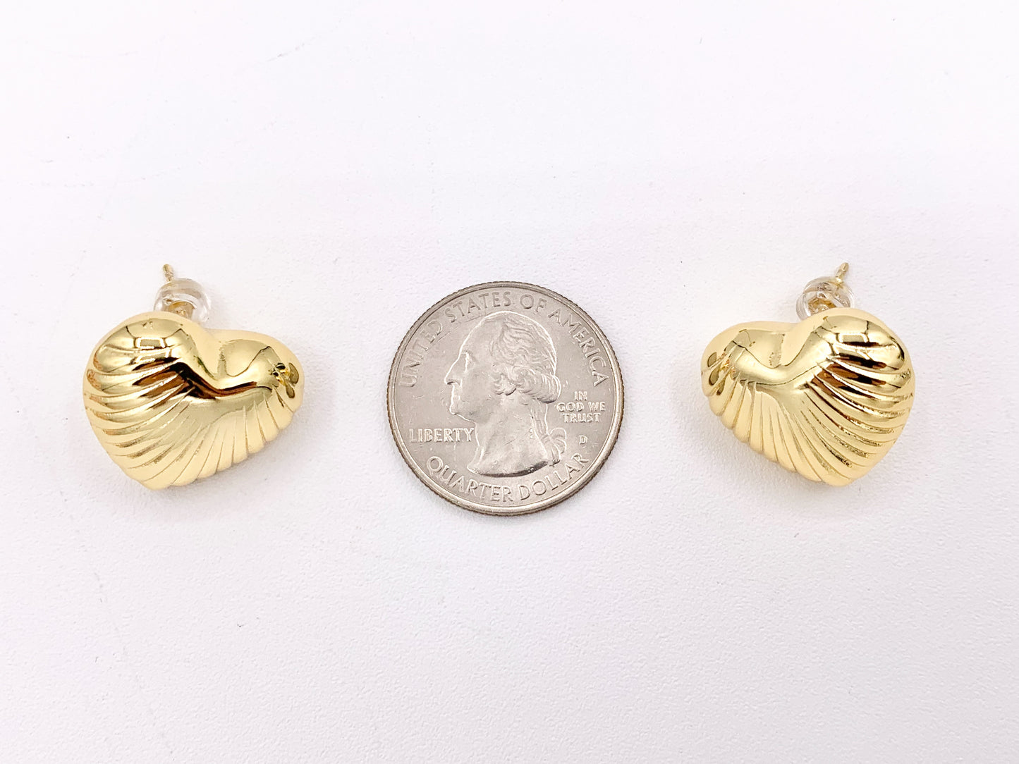 Puffy Hollow Heart Earring Studs in Real 18K Gold and Silver Plated Over Copper 4 pairs