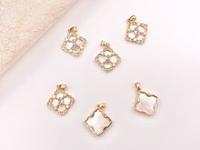 Load image into Gallery viewer, Stunning CZ Diamond Pearl White Lip Shell Clover Quatrefoil Pendants in 18K Gold plated Copper 6 pcs