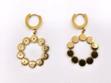 Cargar imagen en el visor de la galería, Stainless Steel Sunburst Circle Earring Dangle Huggies in 18K Gold plated Stainless Steel 3 pairs