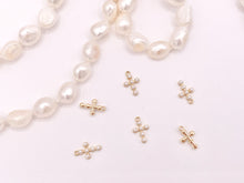 Load image into Gallery viewer, Tiny Dainty Pearl Cross Charms in Real Gold 18K Plated Over Brass 8x12mm 10 pcs