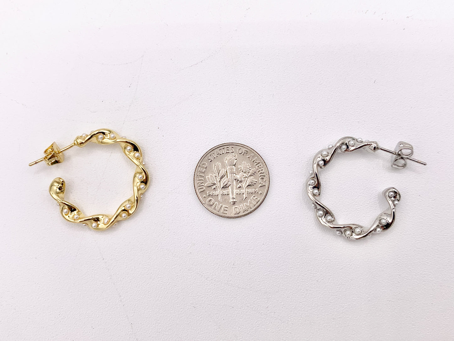 Dainty Pearl Twisted Hoops in 18K Gold or Silver Plated Copper 3 pairs