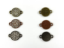 Load image into Gallery viewer, 13mm Pewter Rhinestone Coin Connector Bezel 2 Loop Charm Available in Bronze, Copper, Gold, Silver and Gunmetal, Clear and Clear AB