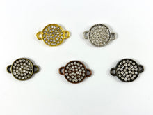 Load image into Gallery viewer, 13mm Pewter Rhinestone Coin Connector Bezel 2 Loop Charm Available in Bronze, Copper, Gold, Silver and Gunmetal, Clear and Clear AB