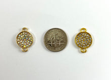 Load image into Gallery viewer, 13mm Pewter Rhinestone Coin Connector Bezel 2 Loop Charm Available in Bronze, Copper, Gold, Silver and Gunmetal, Clear and Clear AB