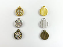 Load image into Gallery viewer, 13mm Pewter Rhinestone Coin Bezel 1 Loop Charm Available in Bronze, Copper, Gold, Silver and Gunmetal, Clear and Clear AB