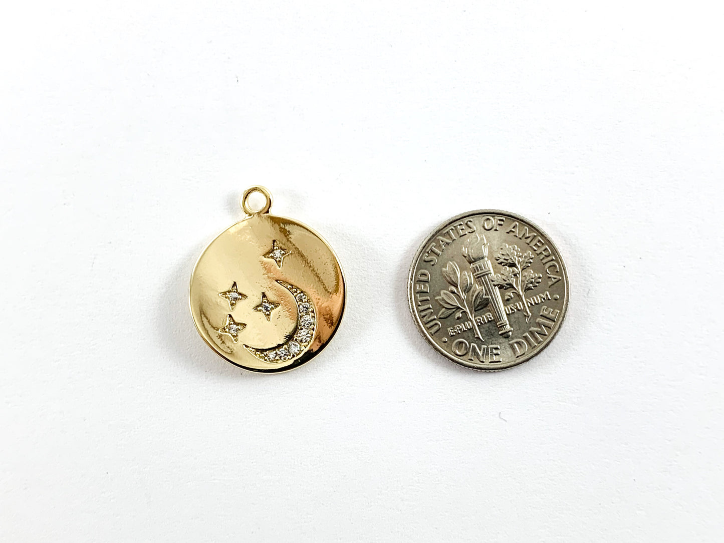 Real Gold 18K Plated Micro CZ Coin Star & Moon Crescent Pave Charm Over Copper 8pc