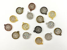 Load image into Gallery viewer, 16mm Pewter Rhinestone Coin Charm Bezel 1 Loop Charm Available in Bronze, Copper, Gold, Silver and Gunmetal, Clear and Clear AB