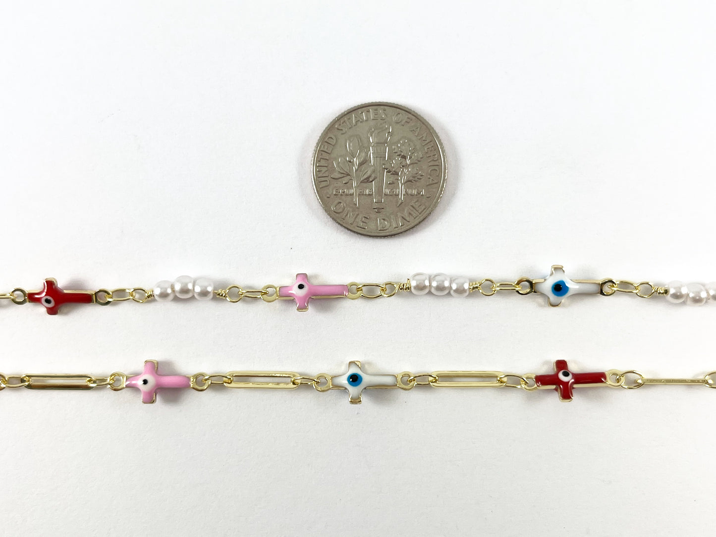 Real Gold 18K Plated Multicolor Enamel Cross Evil Eye with Imitation Pearl Chain By The Yard For Jewelry Making/Designs