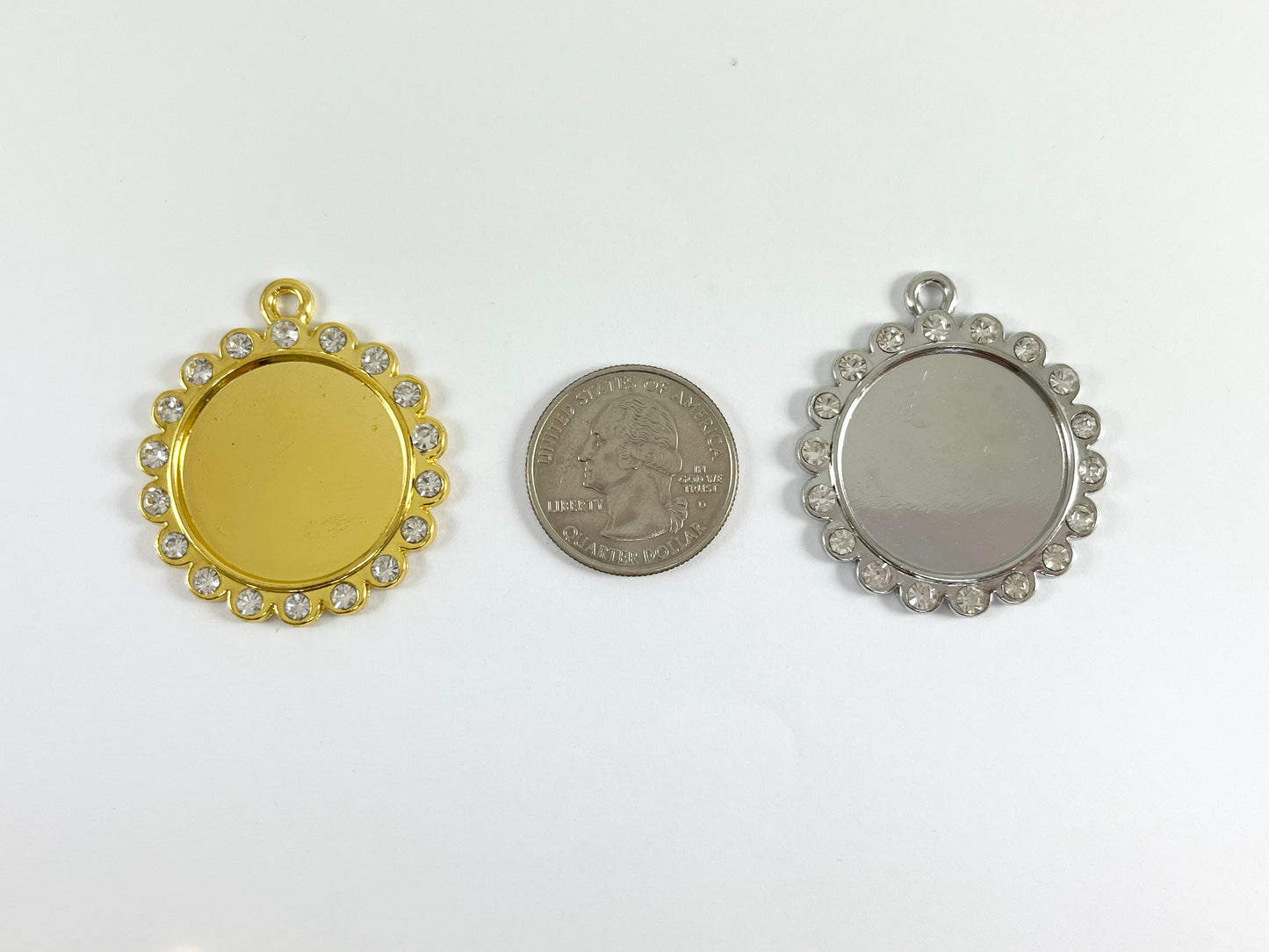 35mm Pewter Base Metal Rhinestone Coin Flower Bezel Tray Pendant Available in Gold and Silver, Clear and Clear AB