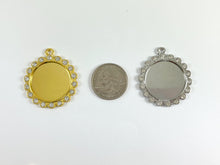 Load image into Gallery viewer, 35mm Pewter Base Metal Rhinestone Coin Flower Bezel Tray Pendant Available in Gold and Silver, Clear and Clear AB