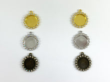 Load image into Gallery viewer, 25mm Pewter Base Metal Rhinestone Coin Flower Bezel Tray Pendant Available in Gold , Silver and Brass, Clear and Clear AB
