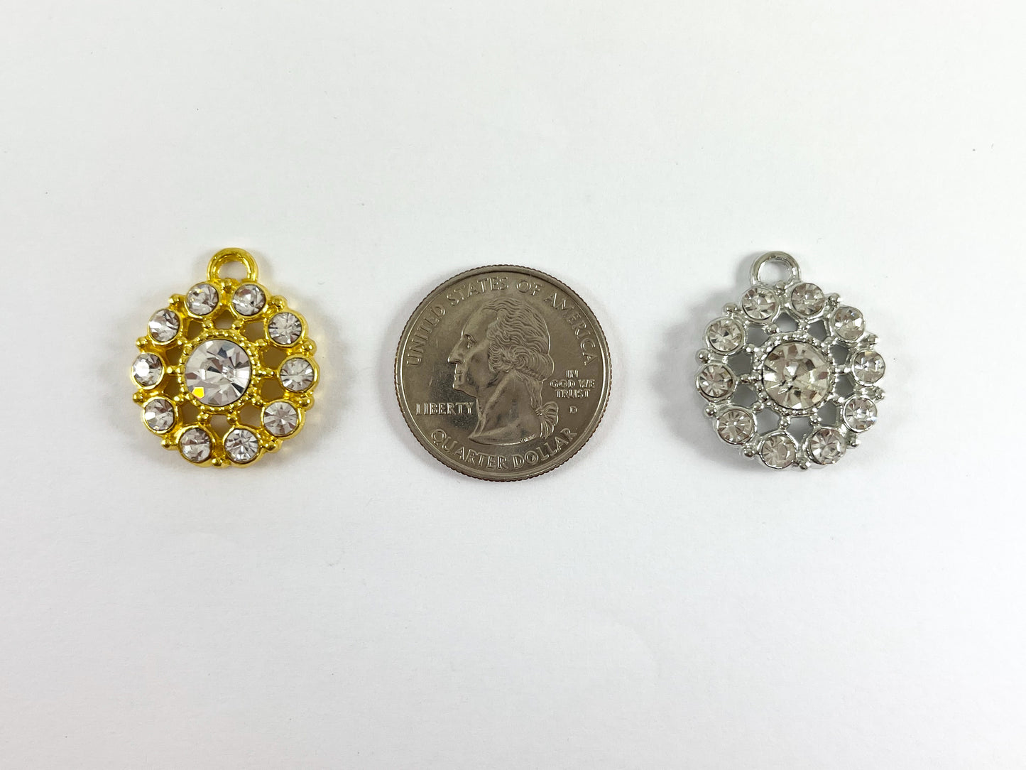 21mm Pewter Rhinestone Coin Flower Pendant Available in Gold , Silver and Brass, Clear and Clear AB