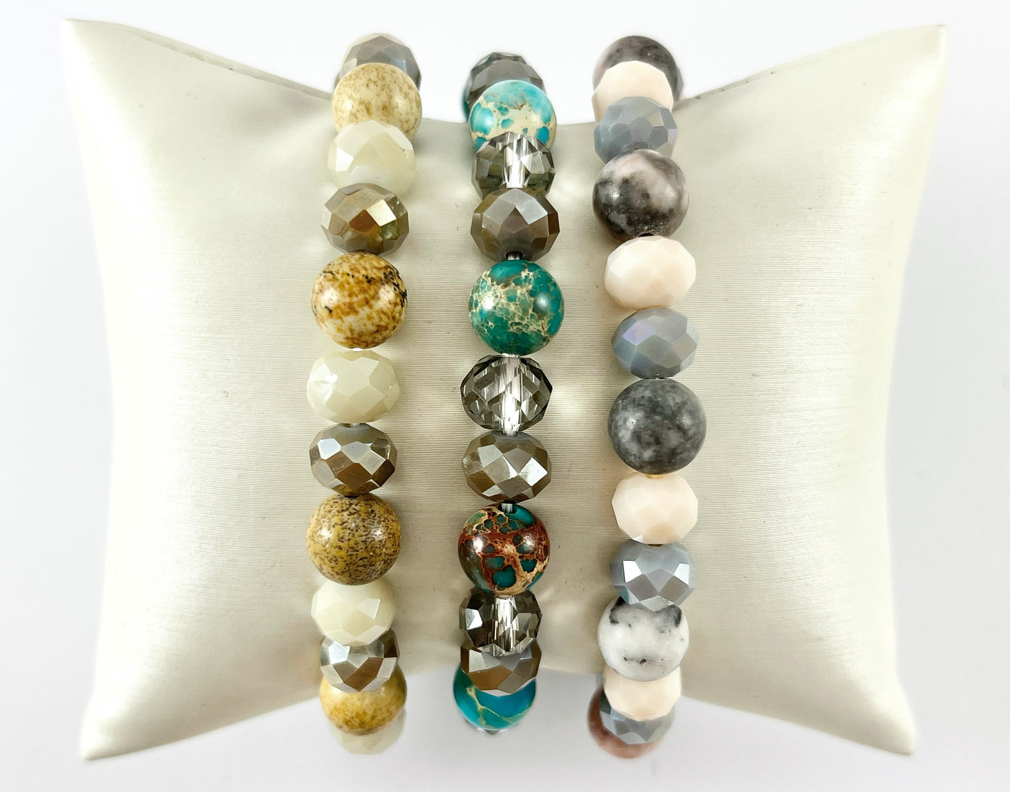 8mm Assorted Natural Stone with Shiny Crystals Stretchy Bracelets Enamel Agate/ Picture Jasper/ Amazonite/ Variscite/ Pink Zebra