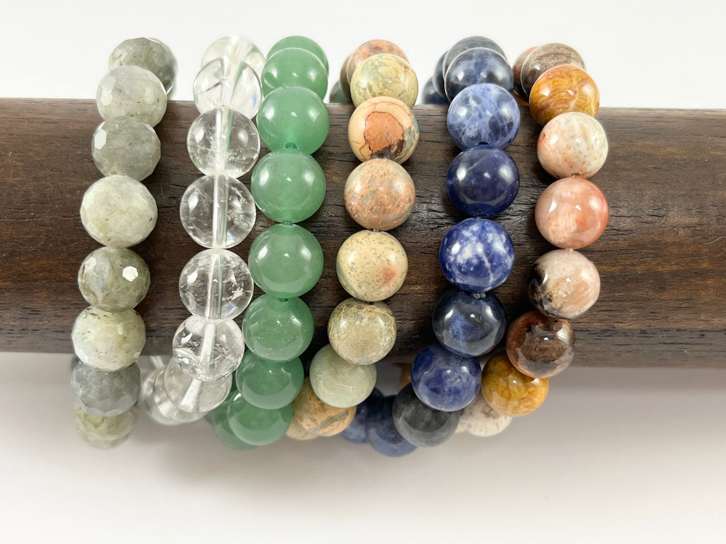 10mm Natural Stone Stretchy Bracelets Hand Cut Labradorite/ Clear Crackle Quartz/ Green Aventurine/ Aqua Terra/ Sodalite/ Coral Fossil