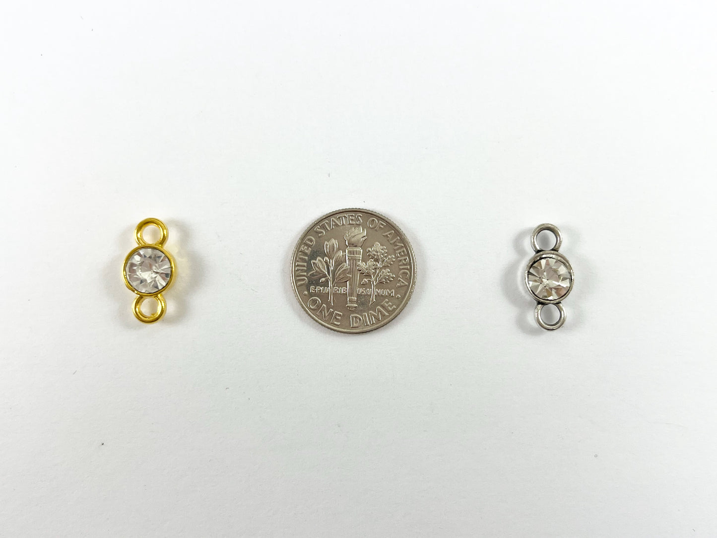 7mm Pewter Tiny Clear Crystal Mini Diamond Coin 2 Loop Connector Available in Bronze, Copper, Gold, Silver and Gunmetal 50 PCS