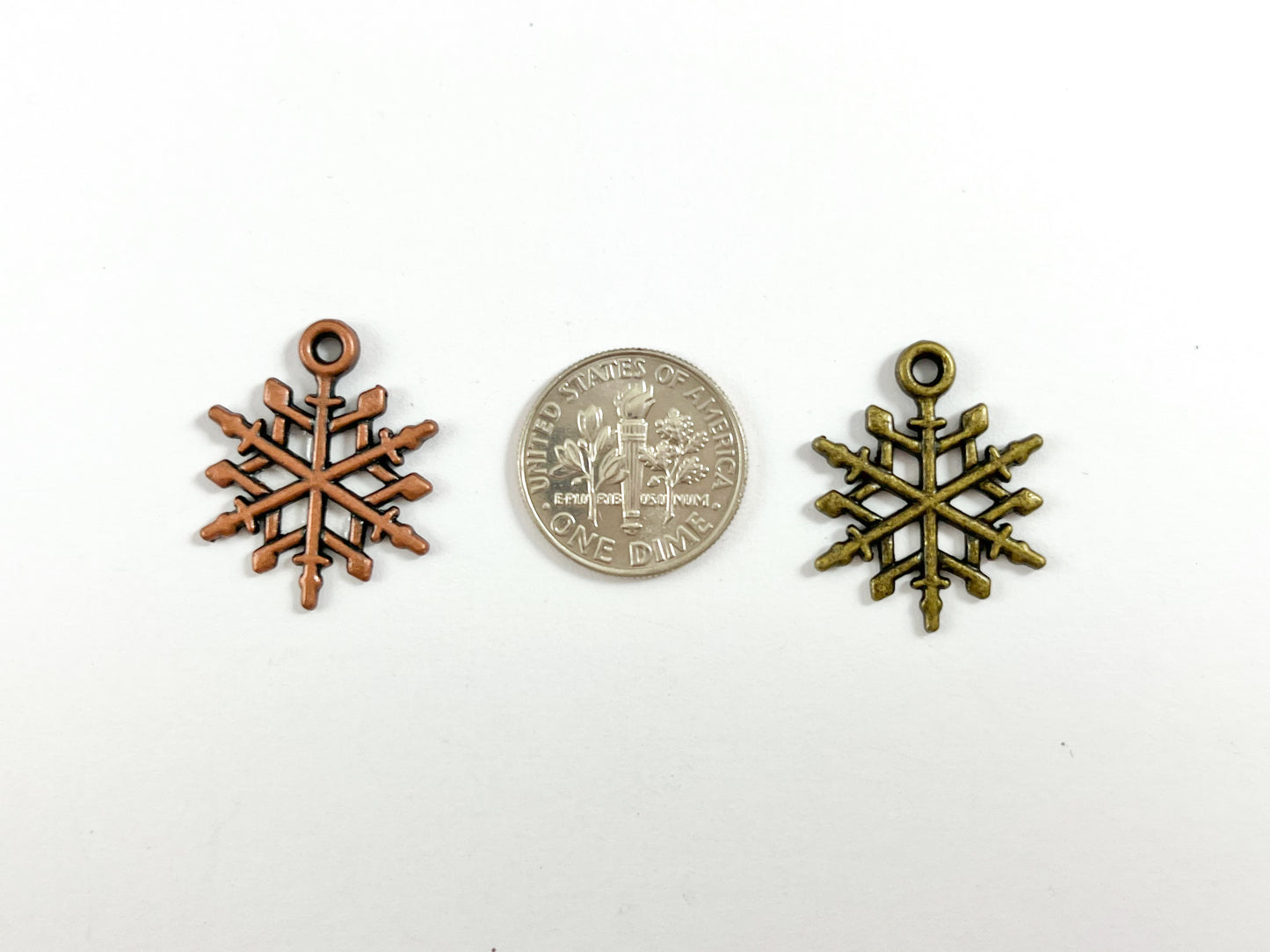 17mm Pewter Christmas Snowflake Charm Holiday Charm in Antique Copper and Brass | Bulk Option Available