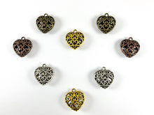 Load image into Gallery viewer, Pewter Heart Pendants Double Sided Hollow Filigree Puffy Valentine's Day Heart Pendants in Gold, Silver, Copper and Bronze Color 8PCS