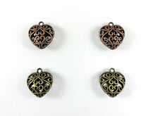 Load image into Gallery viewer, Pewter Heart Pendants Double Sided Hollow Filigree Puffy Valentine's Day Heart Pendants in Gold, Silver, Copper and Bronze Color 8PCS