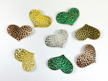 Load image into Gallery viewer, Pewter Heart Connectors Curved Hammered Valentine's Day Heart Pendants in Gold, Silver, Copper, Bronze and Patina Color