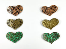 Load image into Gallery viewer, Pewter Heart Connectors Curved Hammered Valentine's Day Heart Pendants in Gold, Silver, Copper, Bronze and Patina Color