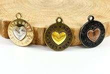 Load image into Gallery viewer, Pewter 2 Colored Heart Pendants Valentine's Day Coin Shape "Hope Faith and Love" Heart Charms in Gold, Bronze and Gunmetal Color