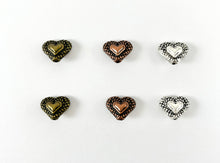 Load image into Gallery viewer, Pewter Heart Space Beads Double Sided Puffy Valentine's Day Heart Spacer Beads in Silver, Copper and Bronze Color